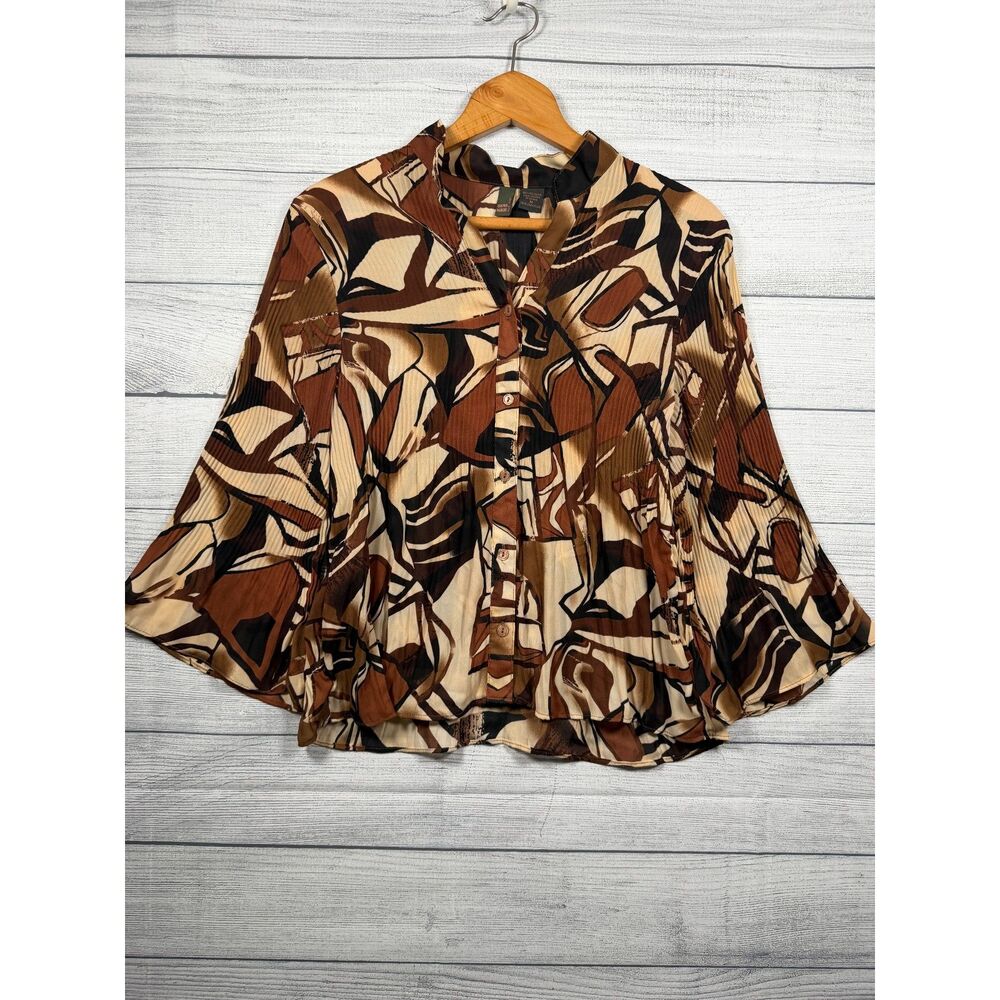 Sere Nade Women's M Brown Black Abstract Pleated Bell Sleeve Button Blouse 4385
